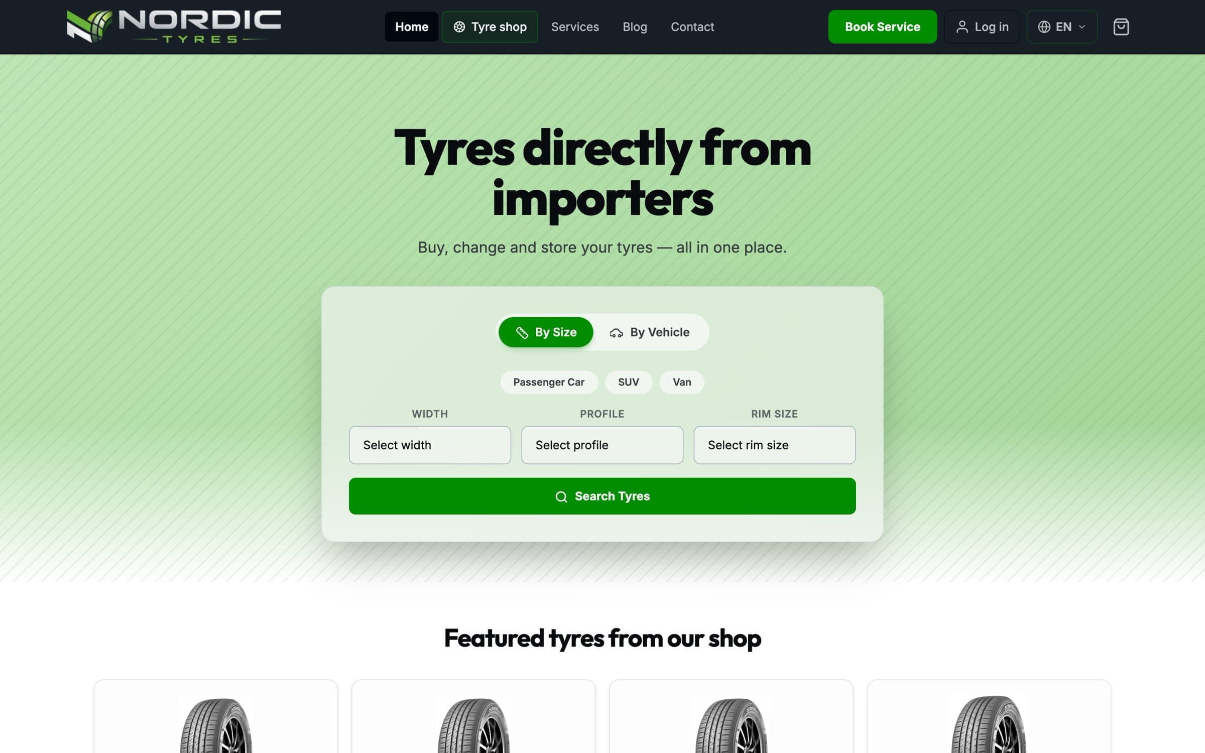 NordicTyres home page with the tyre search