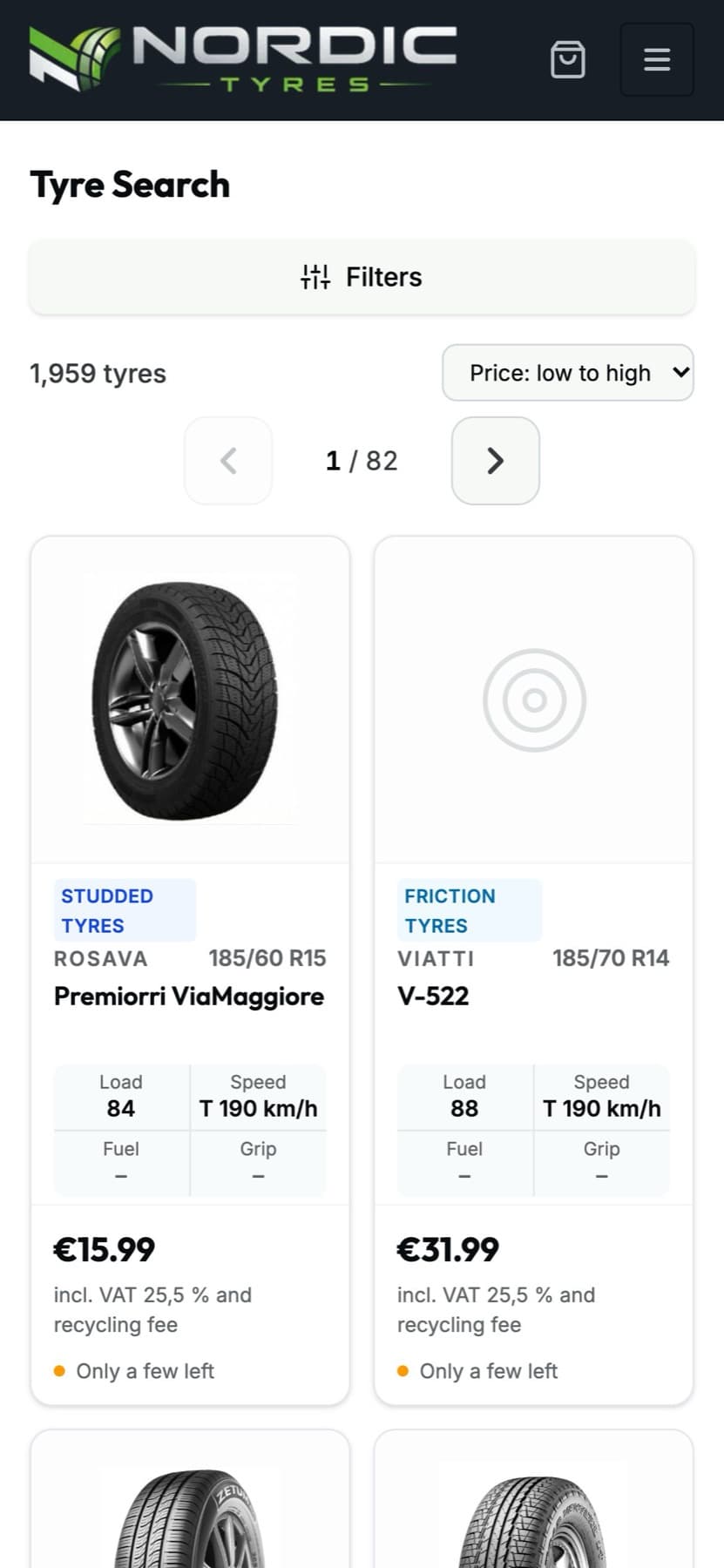 NordicTyres tyre catalogue on a phone